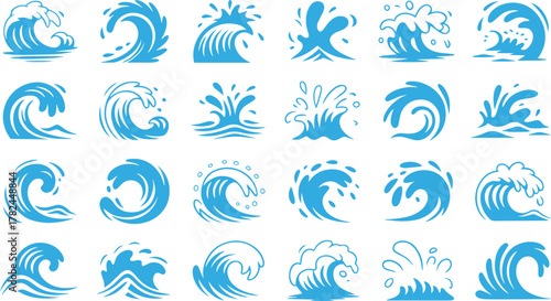 Collection of 25 blue wave icons and symbols representing various ocean and water movements, isolated on transparent background