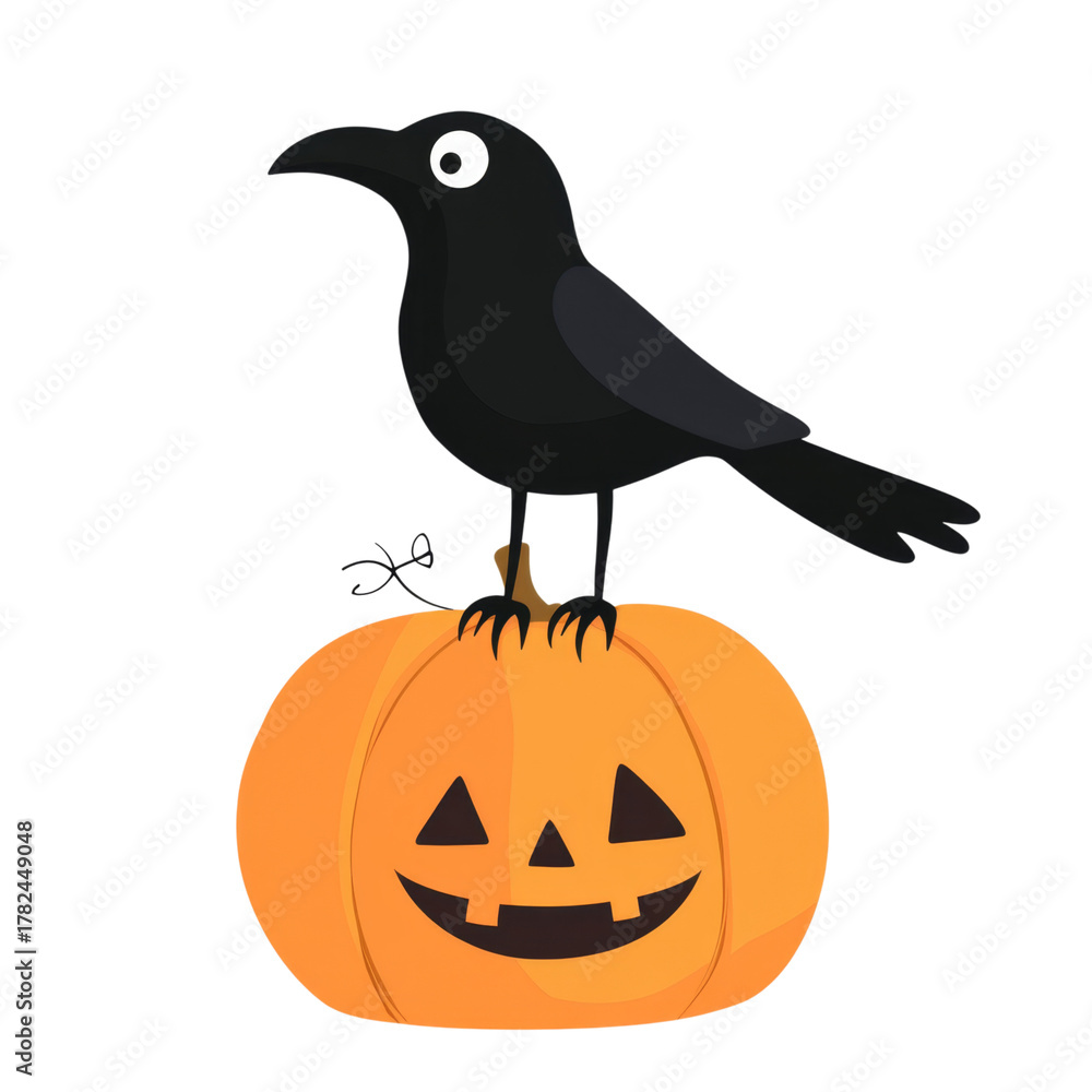 Obraz premium Creepy black crow perched on carved pumpkin with smiling face, perfect for spooky Halloween decoration and festive autumn themes