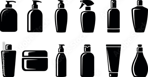 Collection of black cosmetic bottles and containers isolated on transparent background, including pump bottles, spray bottles, jars, and tubes, representing beauty and skincare products