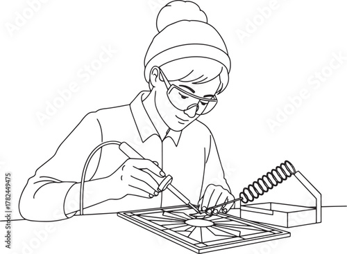 Female Engineer Soldering Electronic Components - Line Art Illustration