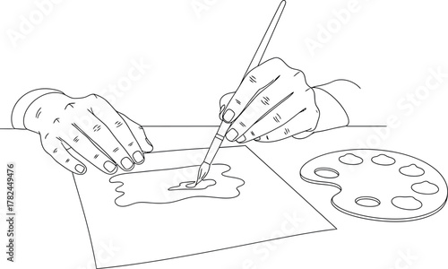 Hands Painting with Brush and Palette Line Art Illustration