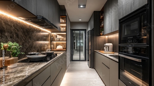Modern galley kitchen design showcases dark marble backsplash and integrated appliances with warm accent lighting