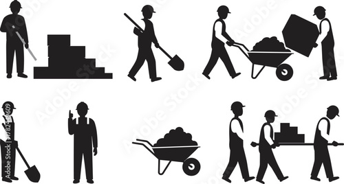 Construction workers silhouettes performing various tasks with tools, teamwork, wheelbarrows, shovels, lifting blocks, site labor, industrial effort vector set