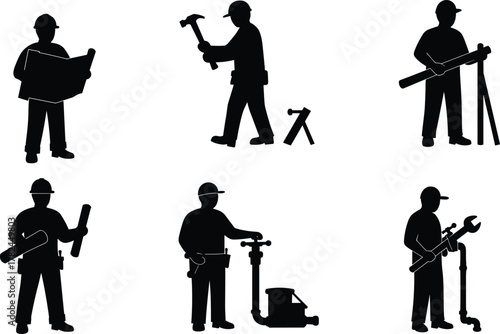 Construction workers silhouettes with tools, blueprint, hammer, wrench, jackhammer, survey equipment, teamwork, site planning, plumbing, carpentry, industrial labor vector set