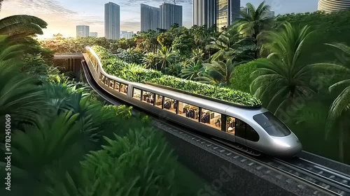 A captivating vision of green transportation showcasing the verdant eco train cutting through the vibrant jungle backdrop