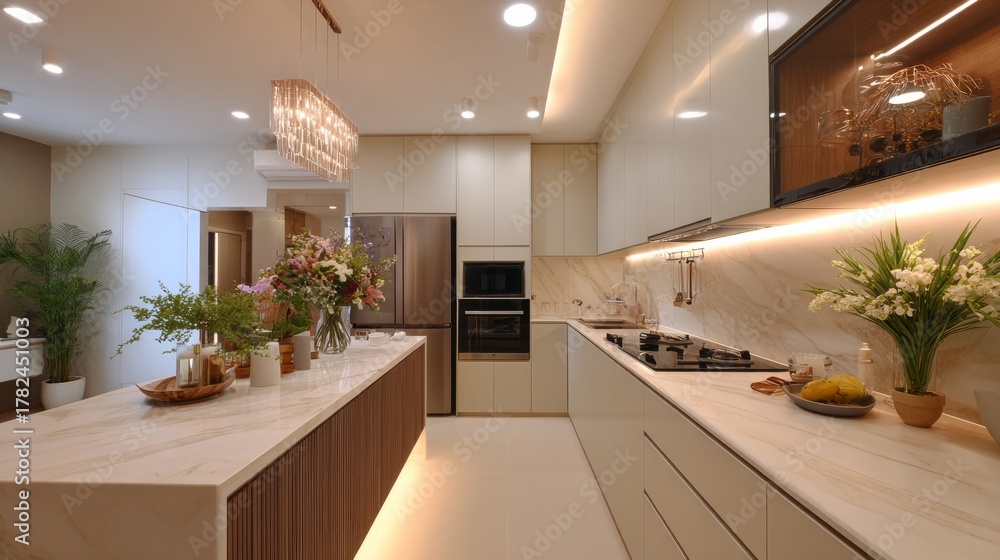 Fototapeta premium Modern kitchen interior design features contemporary cabinetry and a large central island