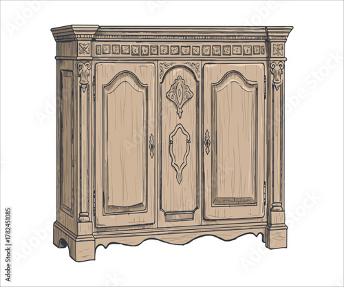 Elegant Antique Wooden Cabinet with Ornate Details and Hand Drawn Look