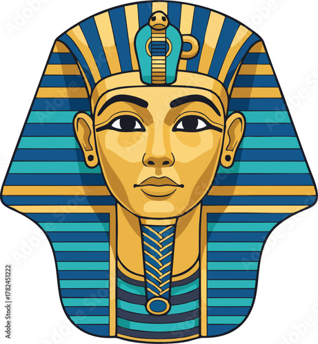 Ancient Egyptian Pharaoh Mask Vector Illustration – Blue and Gold Nemes Headdress, King Tut Icon