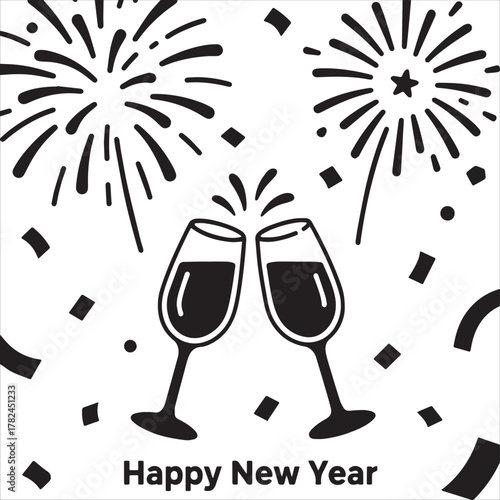New Year's Eve Champagne Toast Icon  Cheers, Fireworks, and Confetti Celebration Glyph Vector