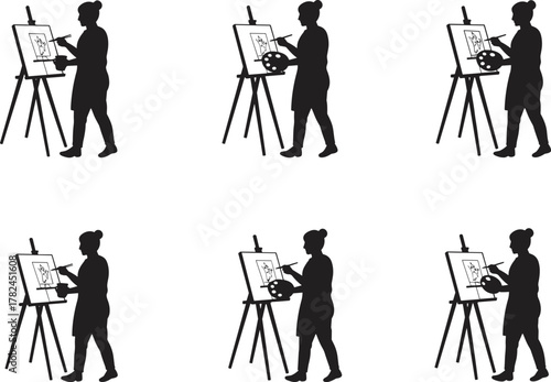 Female artist painting on canvas, woman silhouette with easel and brush, creative drawing studio concept, art illustration for design inspiration and creativity