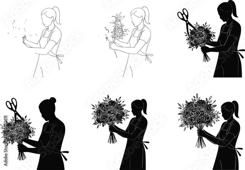 Female florist making flower bouquet, vector illustration of woman arranging floral design, creative art concept, botanical arrangement, garden decoration, beauty, and craftsmanshipvvvv
