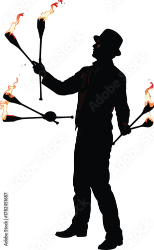Fire juggler silhouette performing with burning torches, circus street performer vector illustration, danger show entertainment art, flame juggling performance concept design