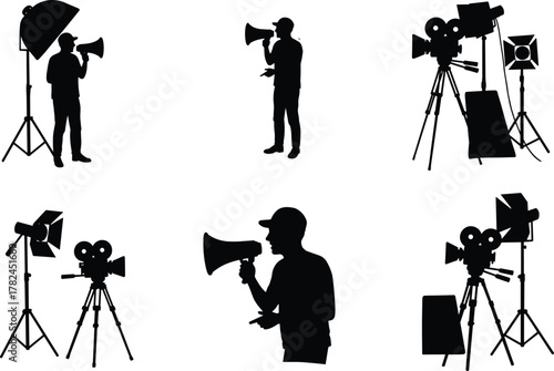 Film director with megaphone and vintage movie camera under studio lights, filmmaking process vector illustration for cinema production, creative video, and film industry design