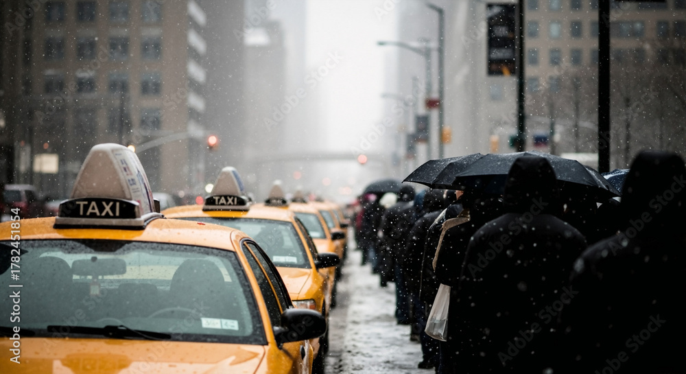 Obraz premium Yellow taxis waiting in snow with people holding umbrellas around 