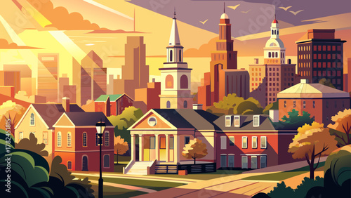 Very beautiful morning sunlight illuminating church and historic building architecture in the Mount Vernon neighborhood of Baltimore, Maryland, USA, with warm tones, clean details, and a realistic pea