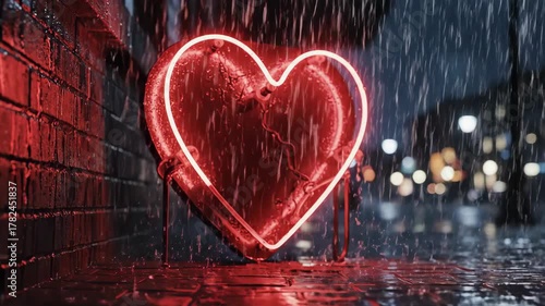 Neon heart symbol illuminated against rain and urban backdrop