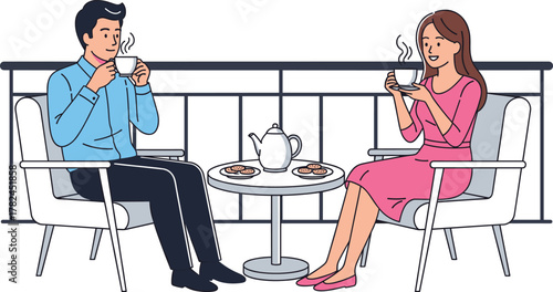 Happy couple drinking tea together on balcony, relaxing conversation, romantic date moment, outdoor lifestyle, flat vector illustration, cozy relationship scene
