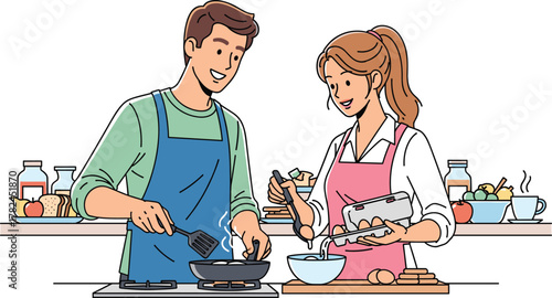 Happy couple cooking breakfast together in modern kitchen, cheerful teamwork, home lifestyle, preparing meal with love, flat vector illustration for family concept