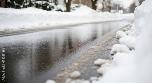 Snow-covered road with melting ice and wet pavement in winter  
