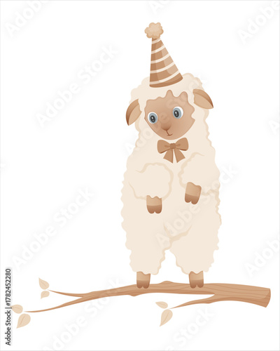 Cute lamb wearing a hat and a bow, standing on a tree branch. Lamb illustration in neutral beige tones for childrens design, baby shower decoration, nursery prints, and greeting cards.