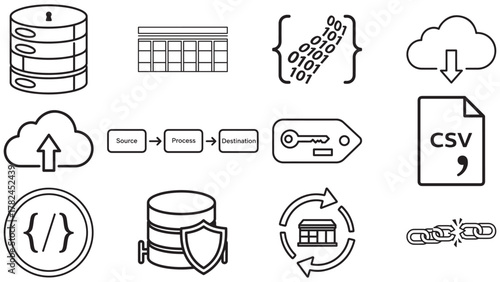 Data icons variations in black — tables, pipelines and storage symbols for warehousing, etl and governance
