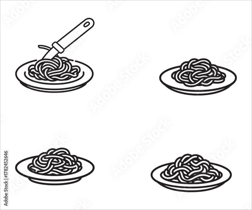 Four plates of spaghetti with one plate featuring a fork vector art