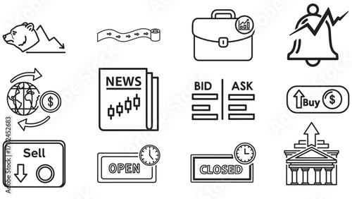 Stock market icons sheet in black — trading, orders, charts and portfolio tools for brokers and investors