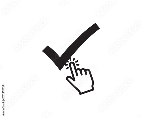 Hand cursor selecting check mark confirmation icon in black and white