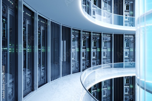 Futuristic Data Center Interior with Modern Server Racks and Curved Architecture