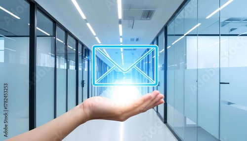 A person holds a glowing digital mail icon in a modern office hallway, representing communication, technology, and the future of messaging in a professional environment.