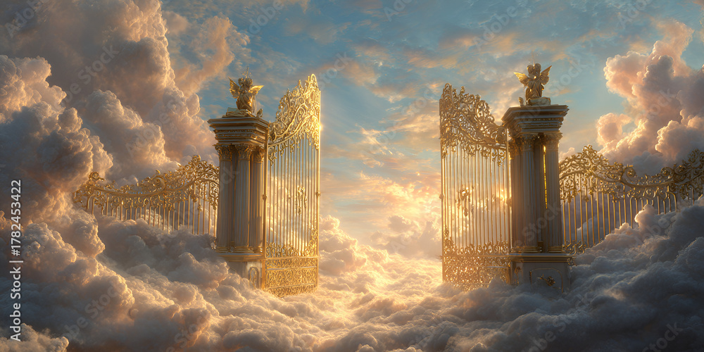 Fototapeta premium Heavenly golden gates opening in glowing clouds with divine light