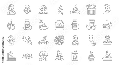 Hand-drawn vector set of business, web, and food icons, illustrations, and symbols for design