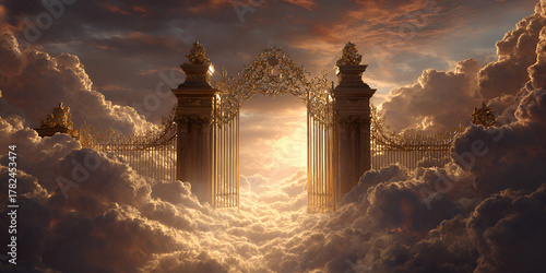 Golden gates of heaven opening in the clouds with divine light