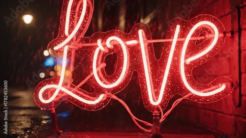 Neon sign displaying the word love illuminated in red against dark backdrop