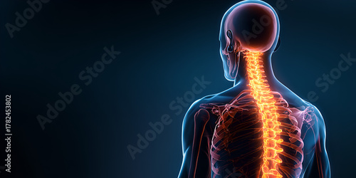 3D medical illustration of glowing spinal column in human back view