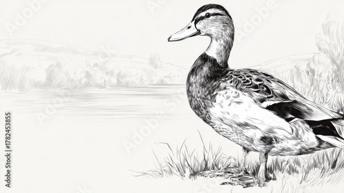 Black and White Artistic Sketch of a Duck by the Water's Edge