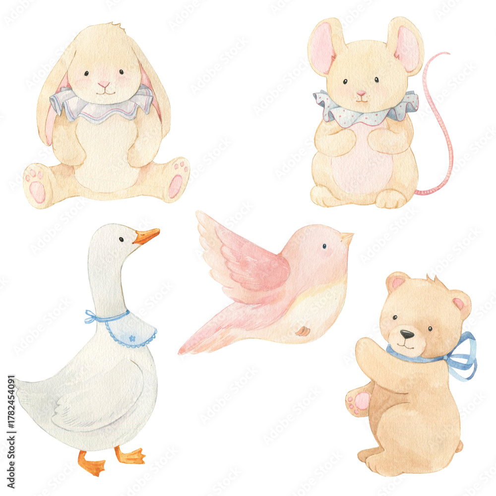 Naklejka premium Watercolor baby animals set. Cute bunny, mouse, goose, bird and bear. Hand drawn illustrations for baby shower, birthday parties and nursery.