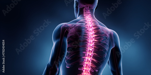3D anatomical illustration of full human spine with glowing vertebrae