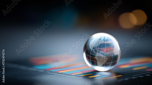 Globe with data streams and charts defocused technology, faceless global finance, information visualization detail, blurred digital background, worldwide concept, business interfac