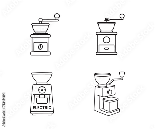 Outline drawing of coffee grinders showcasing manual and electric designs