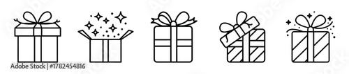 Modern minimalist outline icons set featuring various gift boxes with bows and celebratory sparkles for festive occasions and joyful giving