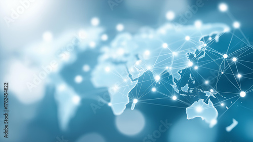 Blue digital world map with connected nodes defocused lines, faceless global network, communication visualization detail, blurred white background, international connection concept