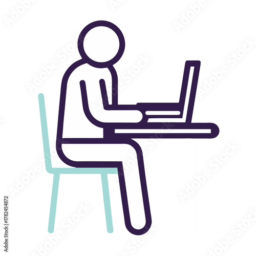 Seated Person Using Laptop Vector Icon, Minimal Line Style, Isolated on White Background