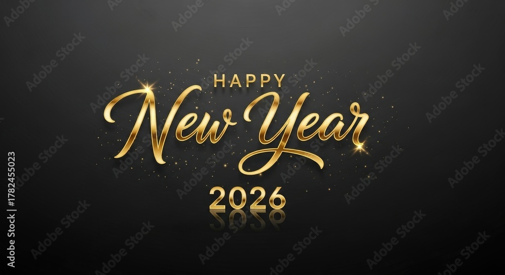 Obraz premium Happy new year greeting card with golden text and sparkling details on a dark background for year 2026