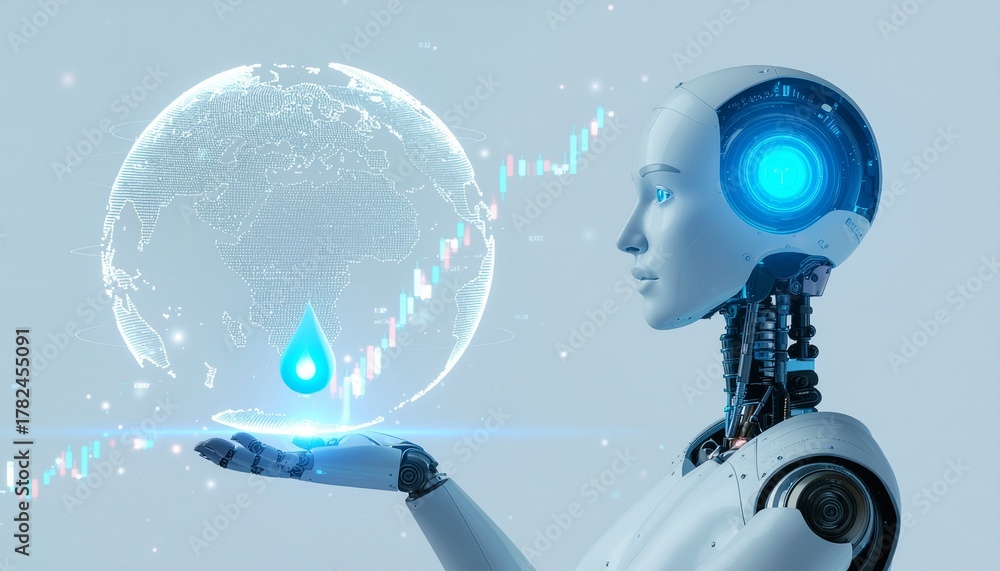 Naklejka premium An AI robot holding a holographic globe, symbolizing technology and innovation