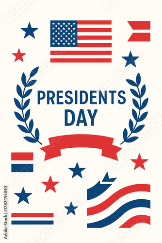 Presidents Day illustration with American flag and patriotic symbols