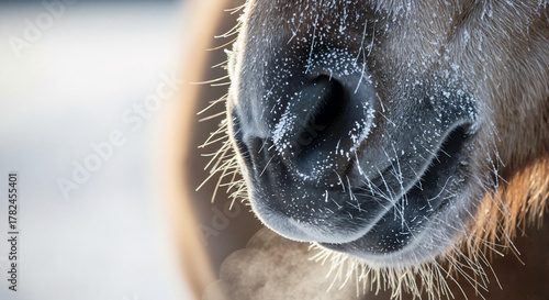 Horse nose with frost in winter setting  