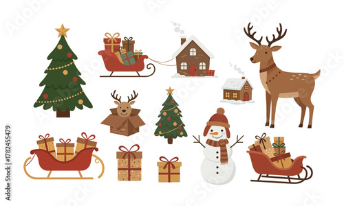 Festive Christmas Icons Sleighs, Snowman, Deer, Gifts, and Trees