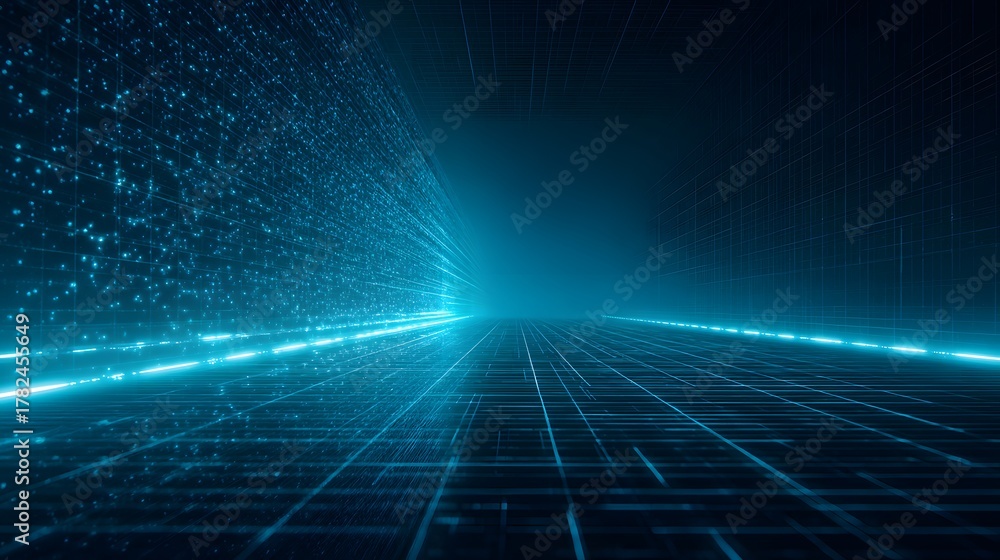 Fototapeta premium Illuminated digital corridor extends into a vast dark cyberspace environment