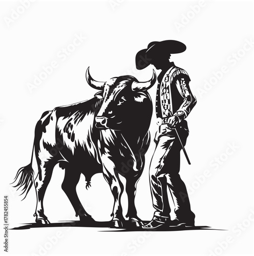 Bull and Matador Silhouette in Dynamic Pose Vector Illustration